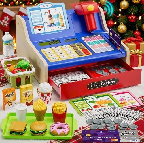 Wooden cash register for - cash, kids